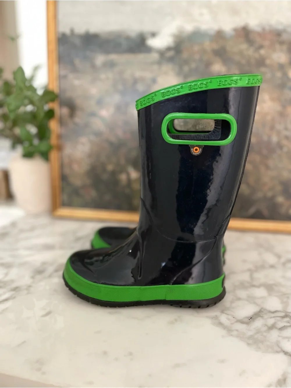 Bogs kids boots size 13 navy blue green waterproof rain snow pull on
